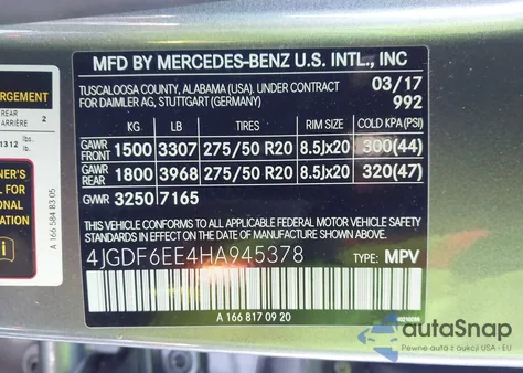 2017 Mercedes-Benz Gls 450 4Matic z USA, uszkodzony, nr VIN 4JGDF6EE4HA945378